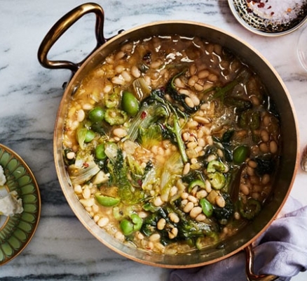 White Bean and Greens Stew with Feta and Olives