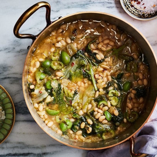 White Bean and Greens Stew with Feta and Olives